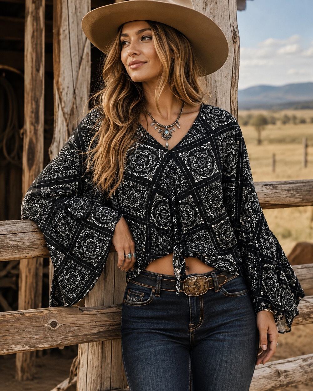Lavender Field Bandana Print Bell Sleeve Crop Tie Top Small Western Boho NEW